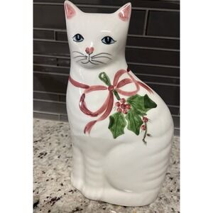 Vintage Porcelain Christmas CAT N.S. Gustin Co Hand Painted USA‎ Holly Pink 10"